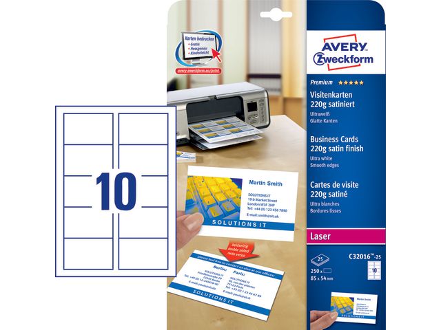 Visitkort AVERY laser 85x54 satin 250/fp - Primmeshiper