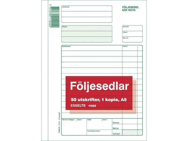 Blankett följesedel A5 2x50 bl. onum. - Primmeshiper